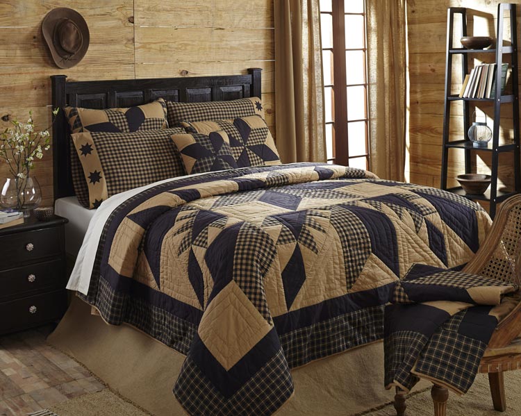 Dakota Star King Quilt By Vhc Brands - Black & Khaki Patchwork 